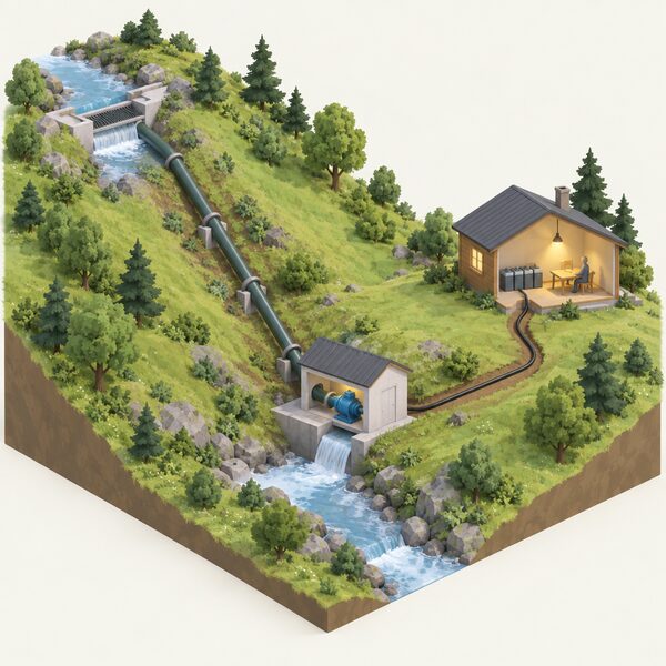 A countryside scene where a small stream flows through an intake and down a penstock to a micro hydro turbine in a small powerhouse, with a buried cable carrying power to an isolated off-grid home lit by a lamp, connected to a battery bank.