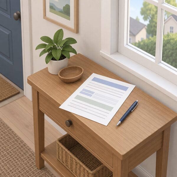 A paper connection application form lying on a wooden table in a home hallway, shown as a physical sheet with blank ruled lines and plain colour bands for its fields, a pen resting beside it and a closed window behind suggesting the house awaiting its hydro connection.