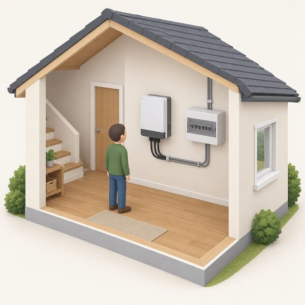 A small hydro inverter unit mounted on an indoor wall of a house, with cabling running from it to the household consumer unit and supply, shown as a simple cutaway interior scene.