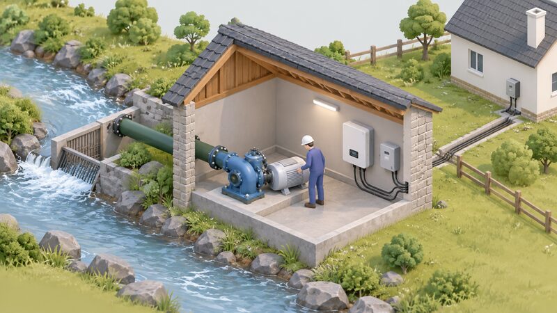 A small isometric plant room beside a stream shows a compact water turbine coupled to a generator and inverter on a plinth, with a simplified figure inspecting the equipment and a conduit running to the household connection, all sized modestly to the single-phase threshold.