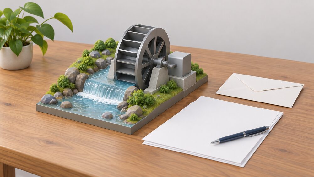 A small model of a water turbine with a wheel beside a stream sits on a table next to blank application paperwork, a sealed envelope and a pen, representing a household applying to connect its hydro scheme to the grid.