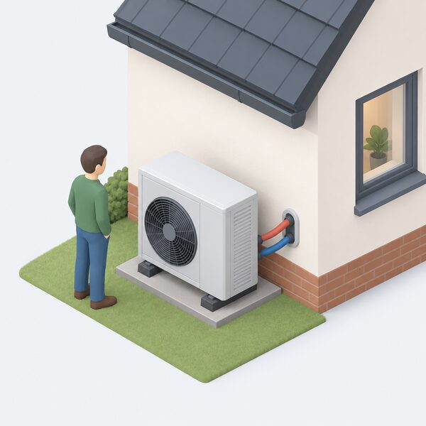 An air-source heat pump unit standing on the ground outside the wall of a house, with a small isometric figure beside it, and pipework running from the unit into the house wall to show it as the equipment needing a backup source when flow temperature limits are exceeded.