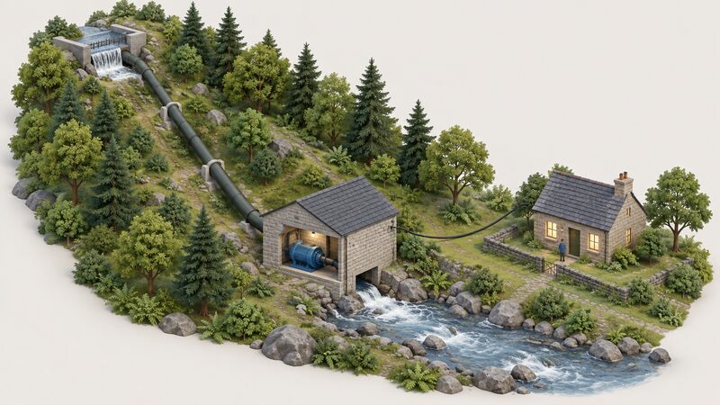 A small stone powerhouse beside a stream with a run-of-river turbine inside, a penstock pipe running up the wooded hillside to an intake, and a cable crossing to a small stone cottage with a lit window, all in a simplified isometric style.