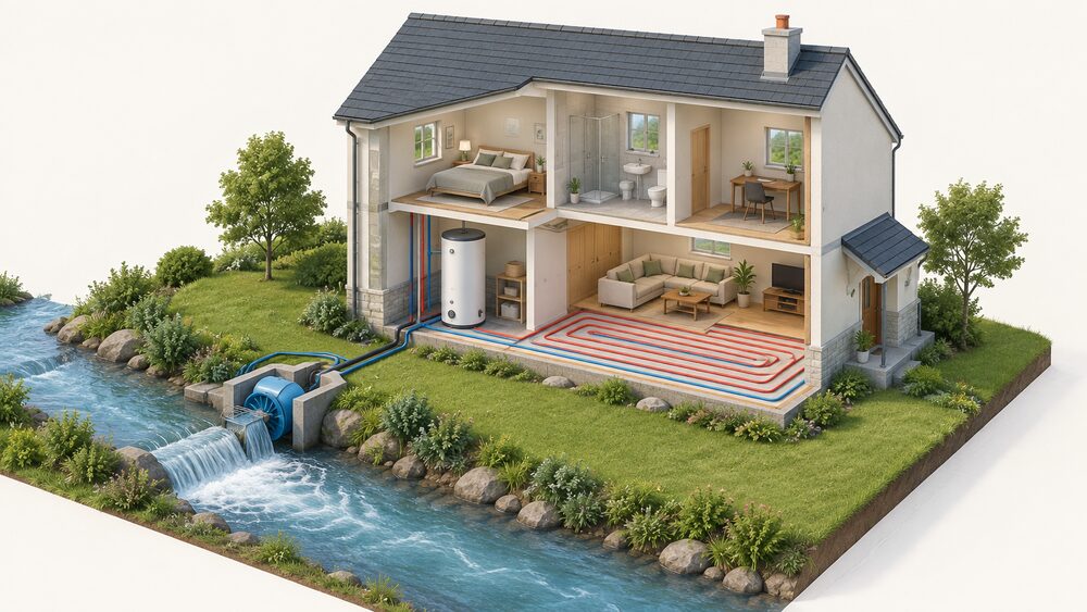 A cutaway house beside a stream with a small hydro turbine at the water's edge outside, a hot water cylinder standing in an indoor utility space, and water-based underfloor heating pipes laid across the floor of a living room.