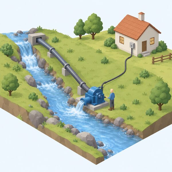 A small micro-hydro turbine house beside a flowing stream on rural land, with a pipe taking water from the stream through the turbine and a cable running up to a nearby house, a simplified figure standing beside the turbine.