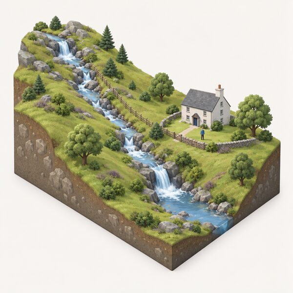 A small stream flowing down a sloping hillside through open countryside, dropping noticeably in height between an upper point and a lower point, with a simple house nearby on the same land, showing the kind of site a micro-hydro scheme needs.