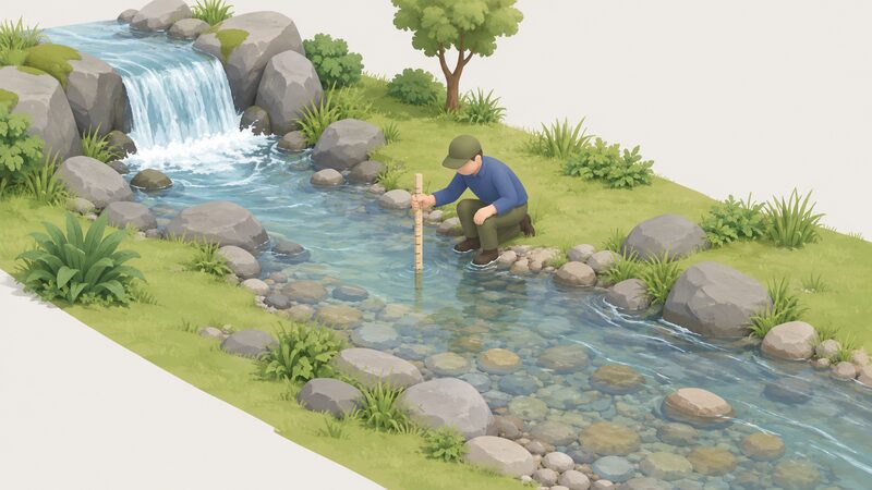 A simplified isometric figure kneels at the edge of a shallow stream, holding a measuring stick upright in the water so its submerged lower end shows the depth, while the stream runs over a stony bed with a small waterfall visible upstream to hint at the head being assessed on site.