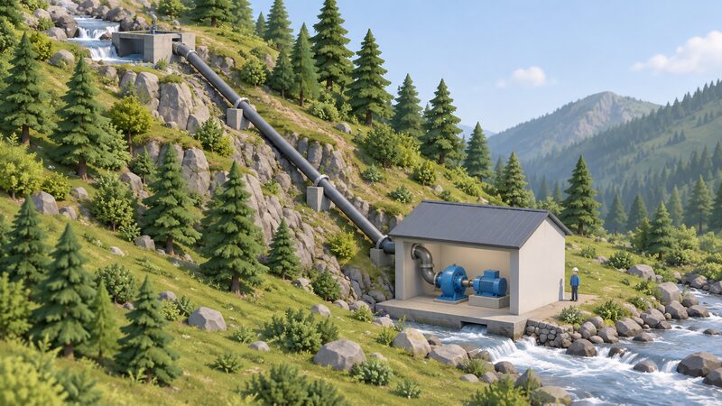 A small turbine house beside a steep hillside stream, with a penstock pipe running down the slope from an intake in the stream to deliver water under pressure to the turbine inside the house.