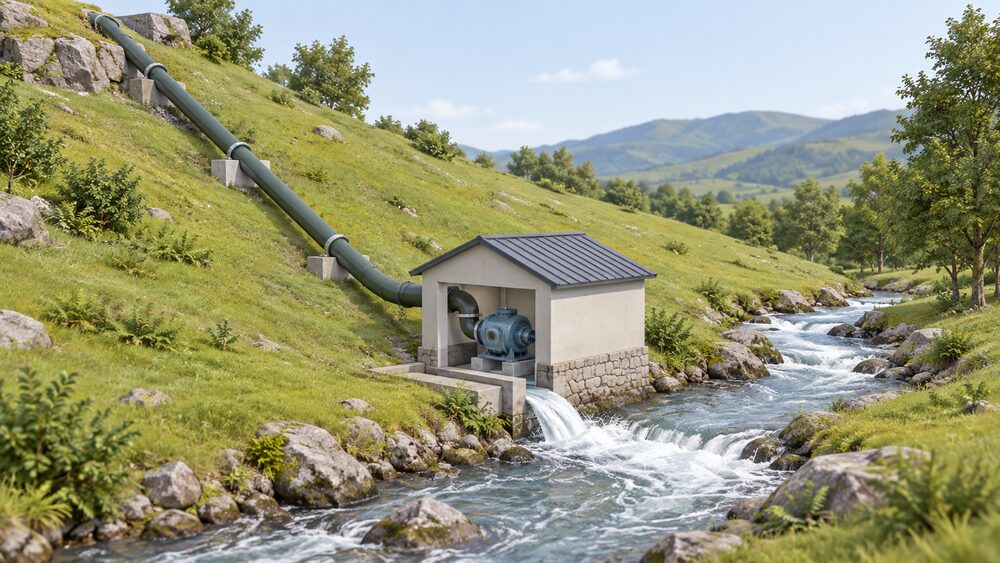 A small micro-hydro turbine housed in a low building beside a fast-flowing stream, with a penstock pipe running down a sloped grassy bank from higher ground to deliver water under pressure into the turbine intake.