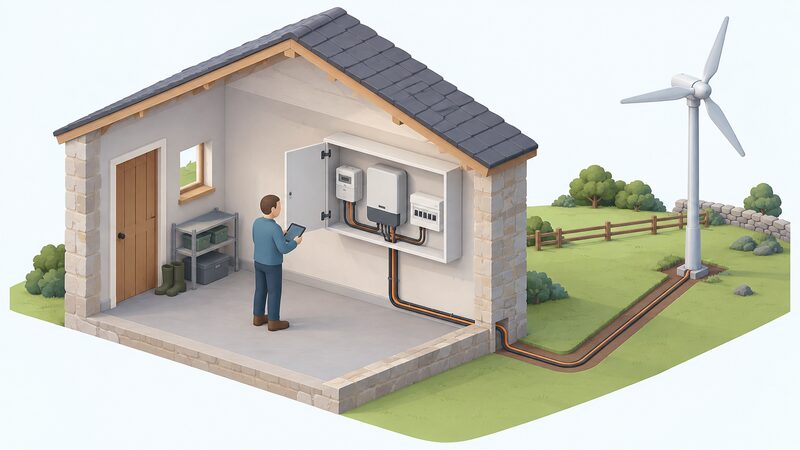 A wall-mounted meter cabinet in a rural home's utility space containing a generation meter, an inverter and a consumer unit, wired together and running to a small wind turbine outside, with a simplified isometric figure inspecting the meters.