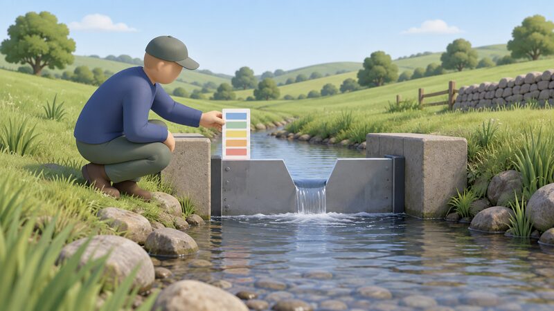 A simplified figure crouches at the edge of a small rural stream beside a low gauging weir, holding up a printed flow measurement chart showing plain colour bands, with the water level visible against the weir's notched plate.