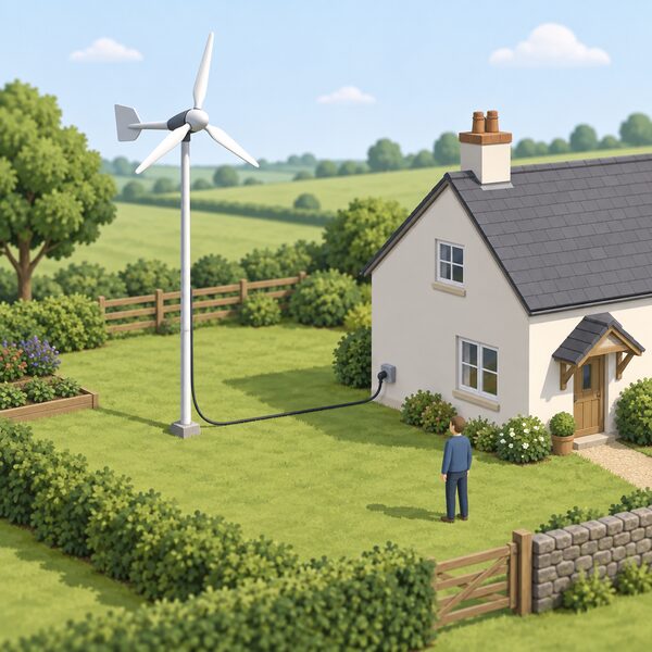 A small domestic wind turbine on a slim mast in a rural garden, its three blades clear of the ground, with a cable running down to a nearby house it supplies with electricity.