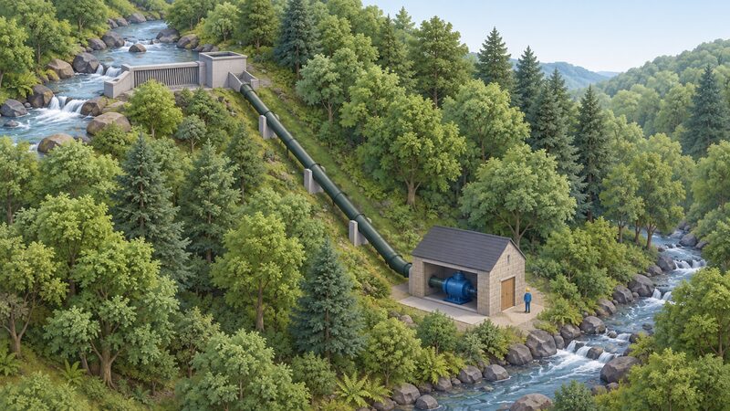 A small run-of-river micro hydro scheme in a wooded hollow: an intake in a beck diverts water into a penstock pipe running down a sloped, tree-covered bank to a small turbine house at the bottom, with the stream continuing past it undammed.