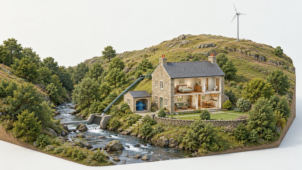 A cutaway rural valley scene with a stone house beside a stream at the bottom: water is diverted from the beck into a penstock pipe feeding a small turbine housing next to the house, while on the bare hilltop above, far from trees, a small wind turbine stands on a tall mast.