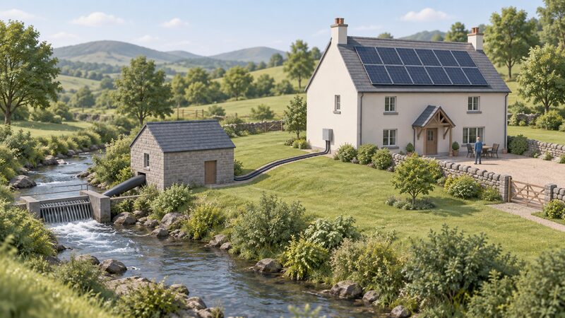A rural property scene showing a solar PV array mounted on the house roof beside a small stone hydro turbine house on the adjacent stream, with the two buildings linked by a cable run to the house to show both technologies sharing one site.