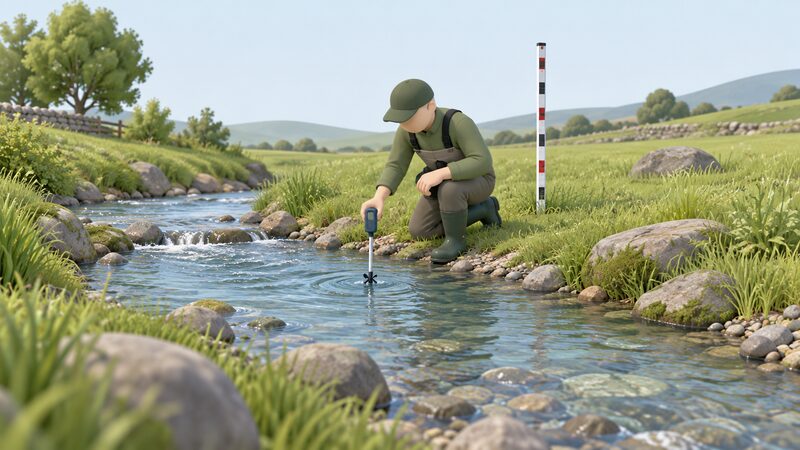 A simplified figure kneels at the edge of a shallow rural stream holding a flow measuring device in the water, with a vertical gradient marker standing on the bank behind to indicate the head survey being carried out on site.