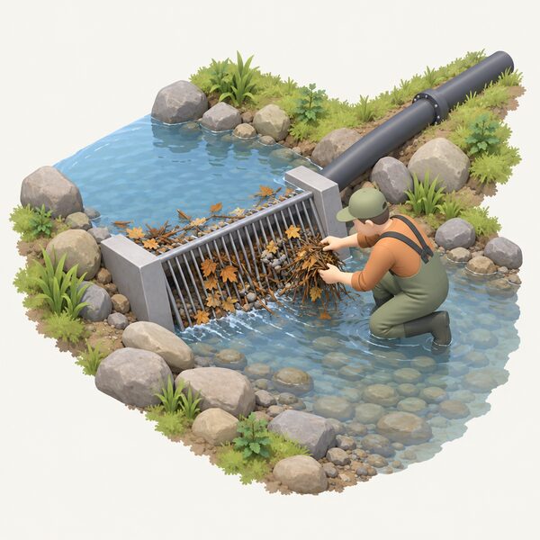 A small isometric figure kneels at a micro hydro intake screen in a shallow stream, lifting away matted leaves, twigs and gravel that are clogging the screen, with the penstock pipe leading from the intake and the upstream water pooling behind the blockage.