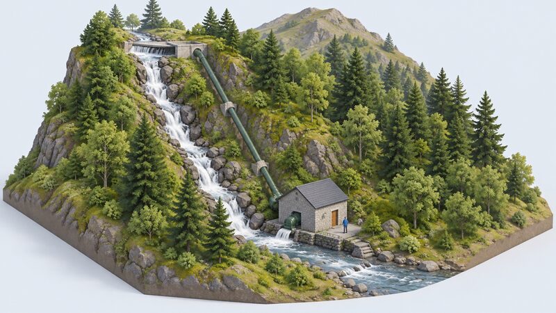 A small stream tumbling down a steep wooded valley, with a small intake weir high on the slope, a penstock pipe running down the hillside, and a compact stone turbine house at the valley bottom beside the water.