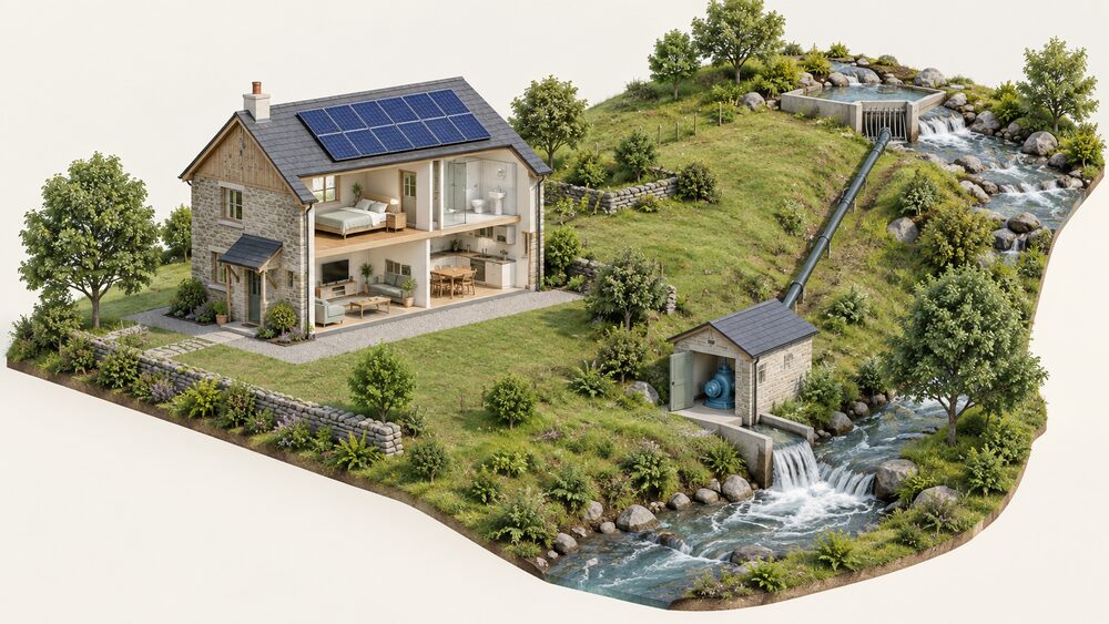 A cutaway rural house with solar PV panels on its roof, beside a sloping stream where a small intake takes water into a pipeline running down to a turbine house near the house, with the water returning to the watercourse.