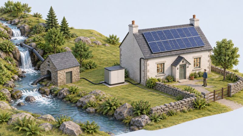 An off-grid rural cottage with roof-mounted solar PV panels, a small stone hydro turbine house beside a watercourse with a penstock pipe, and a battery storage unit inside, all connected by cable to the cottage.