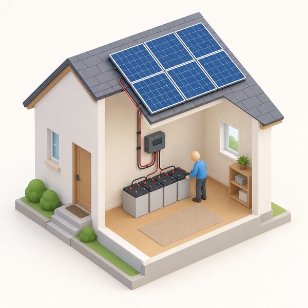 A simplified isometric view of an off-grid home with solar panels on the roof, cables running down inside to a charge controller and a bank of batteries on the floor, with a small figure checking the battery bank.