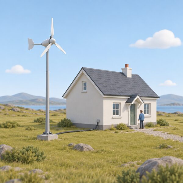 A small pole-mounted domestic wind turbine standing on open ground beside an exposed rural off-grid house, with a cable run from the turbine base into the house wall, drawn as a simple exterior scene on an exposed site.