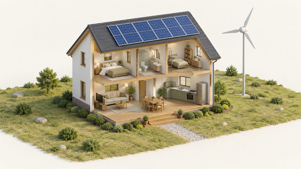 A cutaway view of a small off-grid house in an exposed, open landscape, with solar panels on its mainly south-facing roof and a pole-mounted domestic wind turbine standing outside on the ground nearby, both serving the home.