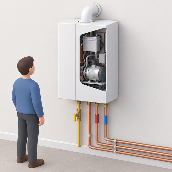 A wall-hung gas-fired micro CHP unit mounted on an indoor wall, resembling a domestic boiler, with gas supply, heating and hot water pipework connected below and a small cutaway hinting at the generator machinery inside.