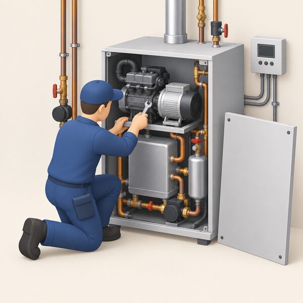 A heating engineer kneels beside a domestic micro CHP unit with its casing panel removed, using a spanner on the prime mover and generator assembly above the heat recovery equipment, with connected pipework, valves and controls visible around the unit.