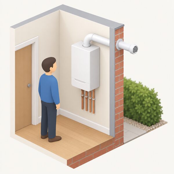 A wall-mounted domestic gas boiler indoors, shown as the appliance a micro CHP unit would replace, with its horizontal flue duct passing through the outside wall to a terminal outdoors, a simplified figure standing beside it.