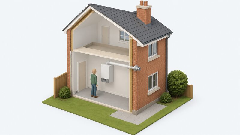 A cutaway rear elevation of a house showing a small wall-mounted micro CHP unit inside connected to a horizontal flue that passes through the wall to a terminal on the outside rear wall, with a simplified isometric figure standing beside the unit.