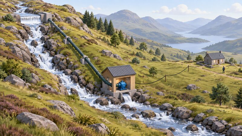 A small micro hydro turbine house beside a steep upland stream, with a penstock pipe running down the slope from an intake weir above and a cable leading to a remote off-grid property nearby.