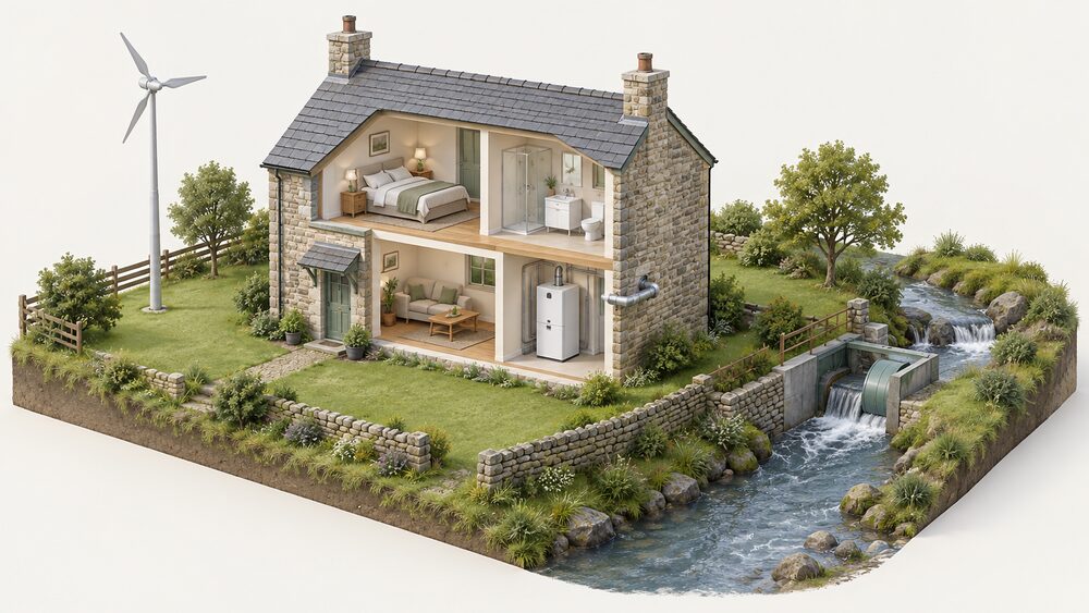 A cutaway of a small rural house with a micro CHP unit resembling a gas boiler indoors with its flue through an external wall, a small wind turbine on a mast in the garden, and a stream running past the property feeding a micro hydro setup.