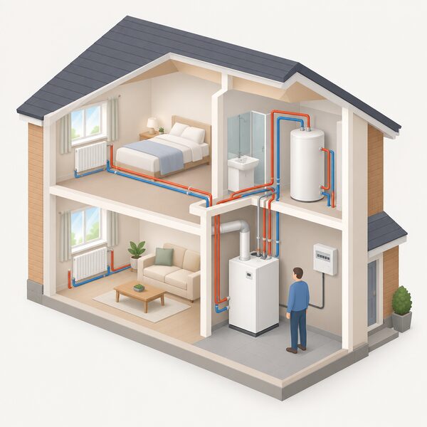 A micro CHP boiler unit installed indoors in a utility space, connected with flow and return pipes to radiators and a hot water cylinder, warming the home while a small cable runs to the household electrics.