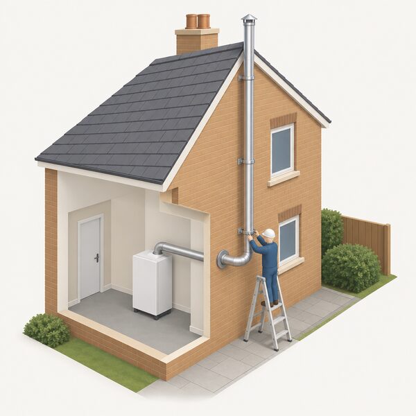 A simplified isometric view of a house seen from the rear or side elevation, showing an external flue pipe passing horizontally through the outside wall from the micro-CHP unit inside, then rising vertically up the outer wall face and terminating above the roofline, with a small installer figure at the wall fixing the pipe bracket.