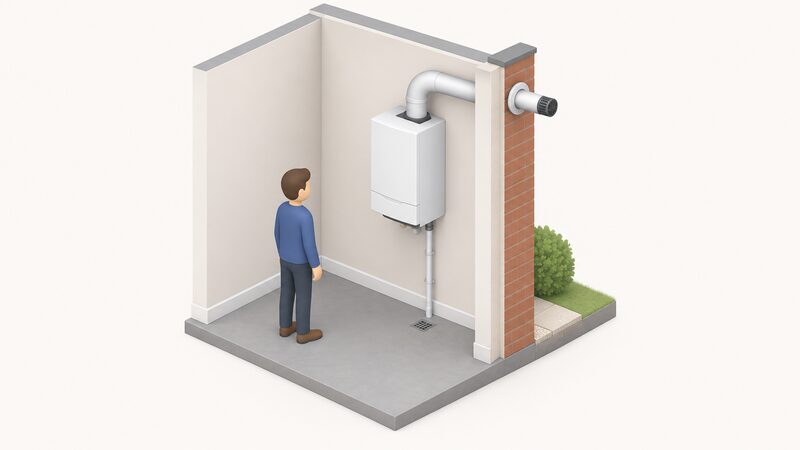 A wall-mounted gas-fired micro CHP boiler unit on an interior wall, shown in cutaway isometric view with its flue passing through the external wall to the outside and a condensate pipe running down to a drain, with a simplified figure standing beside it.
