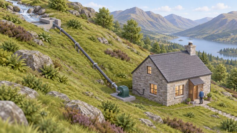 A small stone house on a steep grassy hillside, with a stream higher up the slope feeding water down a pipe to a compact turbine at the house, connected by cable to the building, with no power lines anywhere in the landscape.