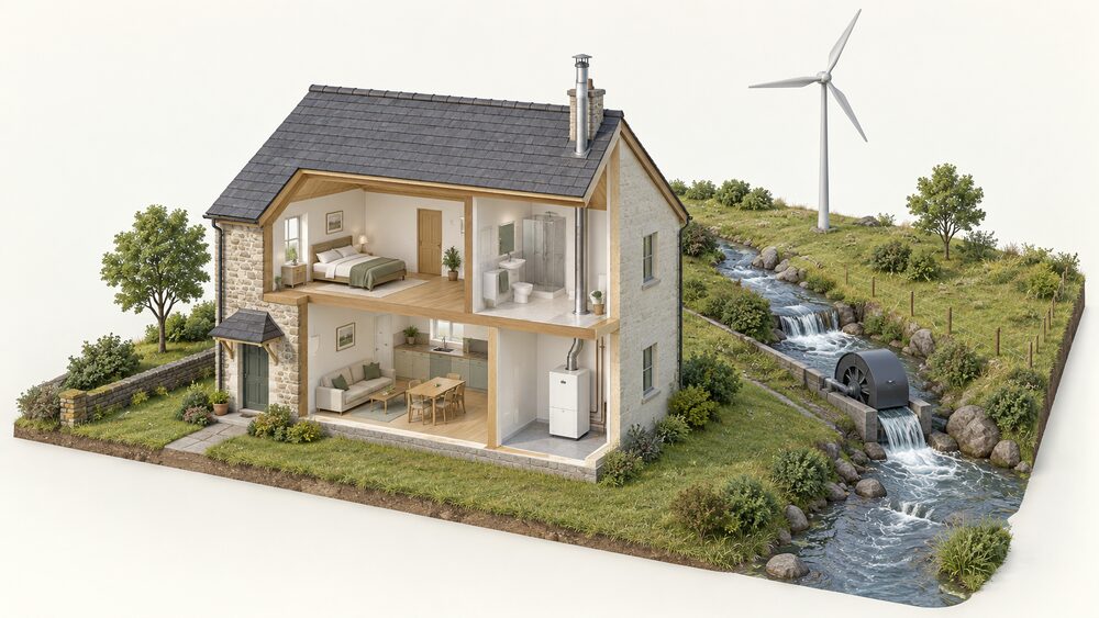 A cutaway of a small detached house in open countryside showing a micro CHP boiler-like unit indoors with its flue rising through the roof, a free-standing wind turbine on exposed land behind the house, and a watercourse running downhill beside the property feeding a small micro hydro setup.