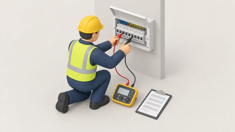 A simplified isometric electrician kneels beside a domestic consumer unit, holding a multifunction electrical tester with leads connected to the unit's ways, while a completed electrical certificate on a clipboard rests nearby ready to record the test results.