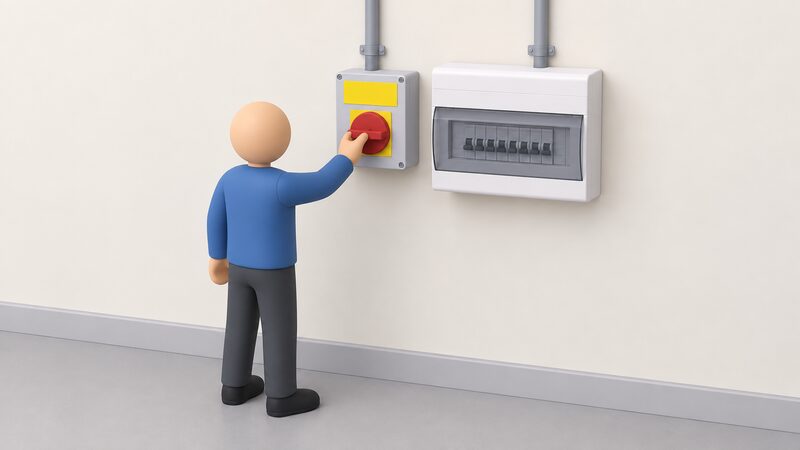 A wall-mounted generation isolator switch with a plain blank warning label beside a consumer unit, with a simplified figure reaching to operate the switch handle, showing the accessible isolation point for separating a generator from the supply.
