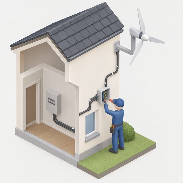 A registered electrician, shown as a small isometric figure in plain work clothing, works on the electrical wiring connecting a small wind turbine mounted on the side of a house to the house's electrical installation, using a screwdriver at a junction of cables running from the turbine into the building.