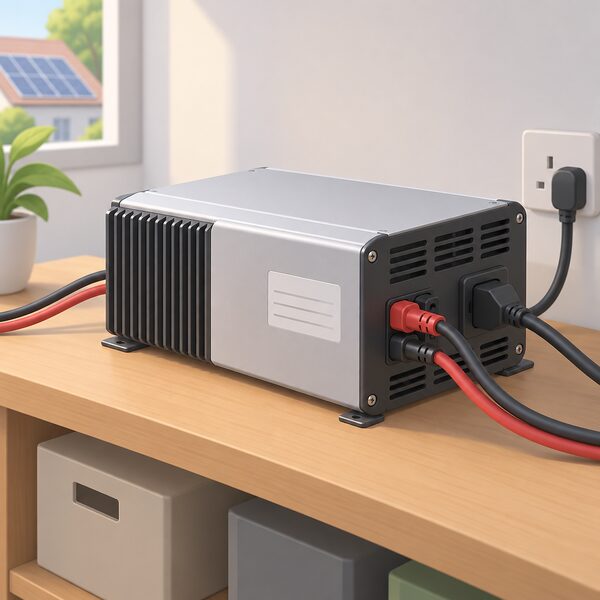 A plain unbranded solar inverter shown as a physical product on a household shelf or table, a simple box with a heat-sink finned side, cooling vents, a DC input and AC output with cables, and a blank rating label, with no readable text or markings.