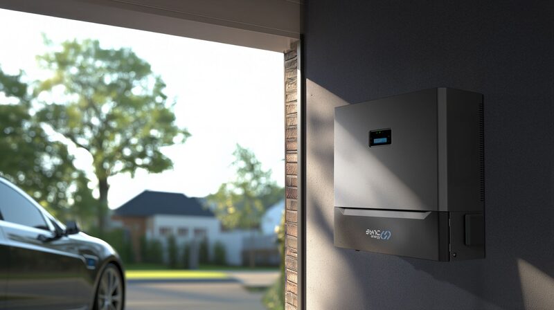 A Sync Energy Flow hybrid inverter mounted on a dark wall in a garage, with a car and suburban houses visible through the open door