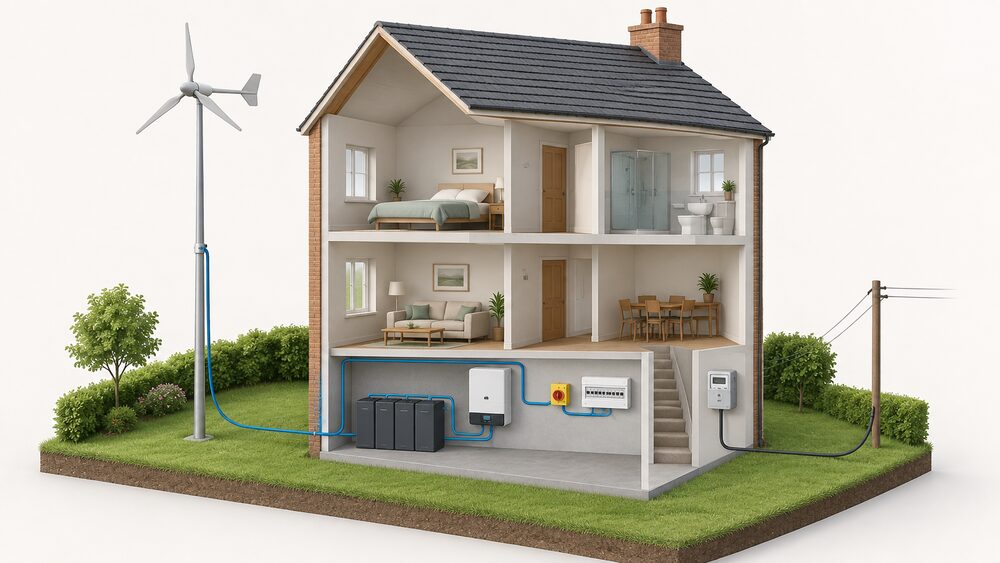 A cutaway house showing a small wind turbine on a mast outside, a cable running indoors to a battery bank and inverter in a utility space, and a clearly labelled isolation switch beside the consumer unit, with the grid supply entering the meter point.