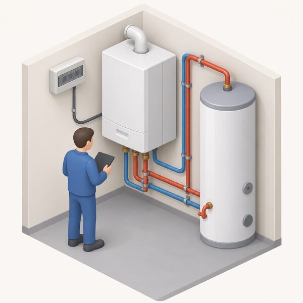A wall-hung domestic micro-CHP boiler, resembling a large boiler-like unit, installed indoors on a utility room wall, connected to heating flow and return pipes and a hot water cylinder, with an electricity cable running to a small consumer unit, a simplified isometric figure inspecting the unit.