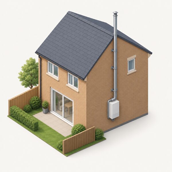 A simplified isometric view of a house with an external flue pipe rising from a micro-CHP unit on the side or rear wall, extending up past the eaves to finish about one metre above the highest point of the pitched roof.