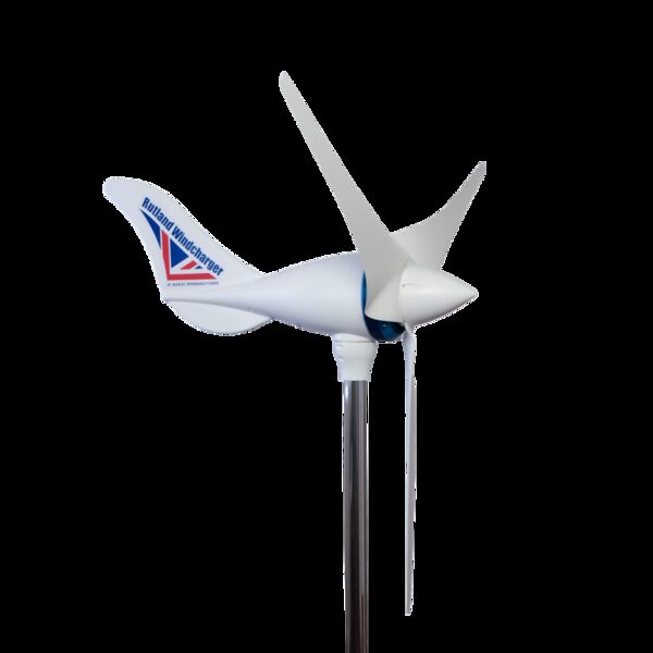 A Rutland Windcharger small wind turbine on a mounting pole against a white background