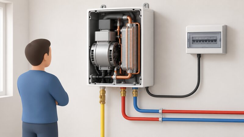 A cutaway of a wall-mounted micro-CHP unit in a home, showing the generator section and heat exchanger inside the casing, with a gas supply pipe, central heating flow and return pipework, and an electrical cable running to the consumer unit.