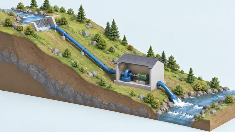 A cutaway hillside diagram of a micro hydro scheme: an intake screen in a small stream, a penstock pipe running downhill to a small turbine house containing a turbine and generator, with the outflow pipe returning water to the stream below the intake.