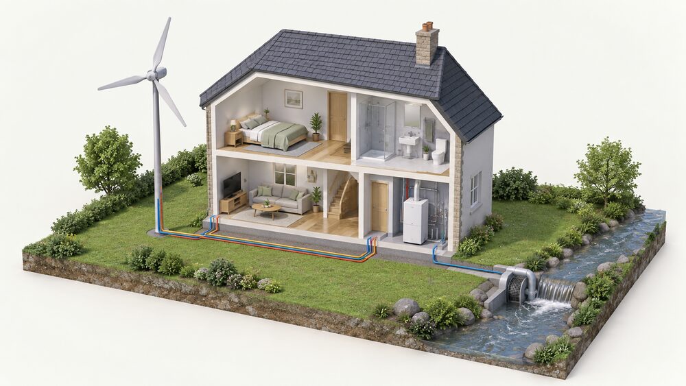A cutaway house with a pole-mounted small wind turbine standing outside in open ground, a small stream beside the property turning a tiny hydro turbine, and a micro-CHP boiler installed indoors where a boiler would sit, all connected to the home.
